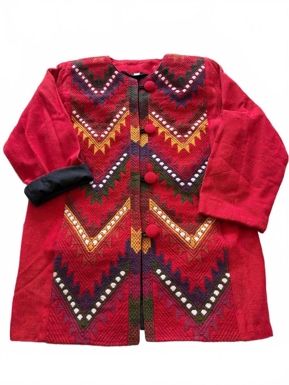 Vintage Southwest Tribal Tapestry Jacket Women’s Small Red Boho Aztec Coat
